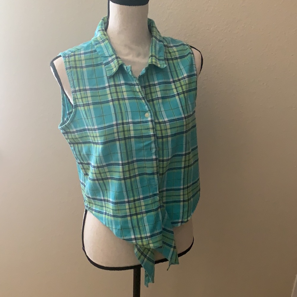 LARGE Blue/Green Express Plaid Cropped Top - Picture 4 of 6